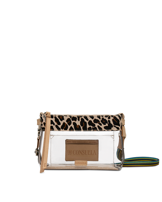 A clear plastic crossbody bag with a leopard print flap, beige trim, and a green and blue striped strap, shown on a white background.