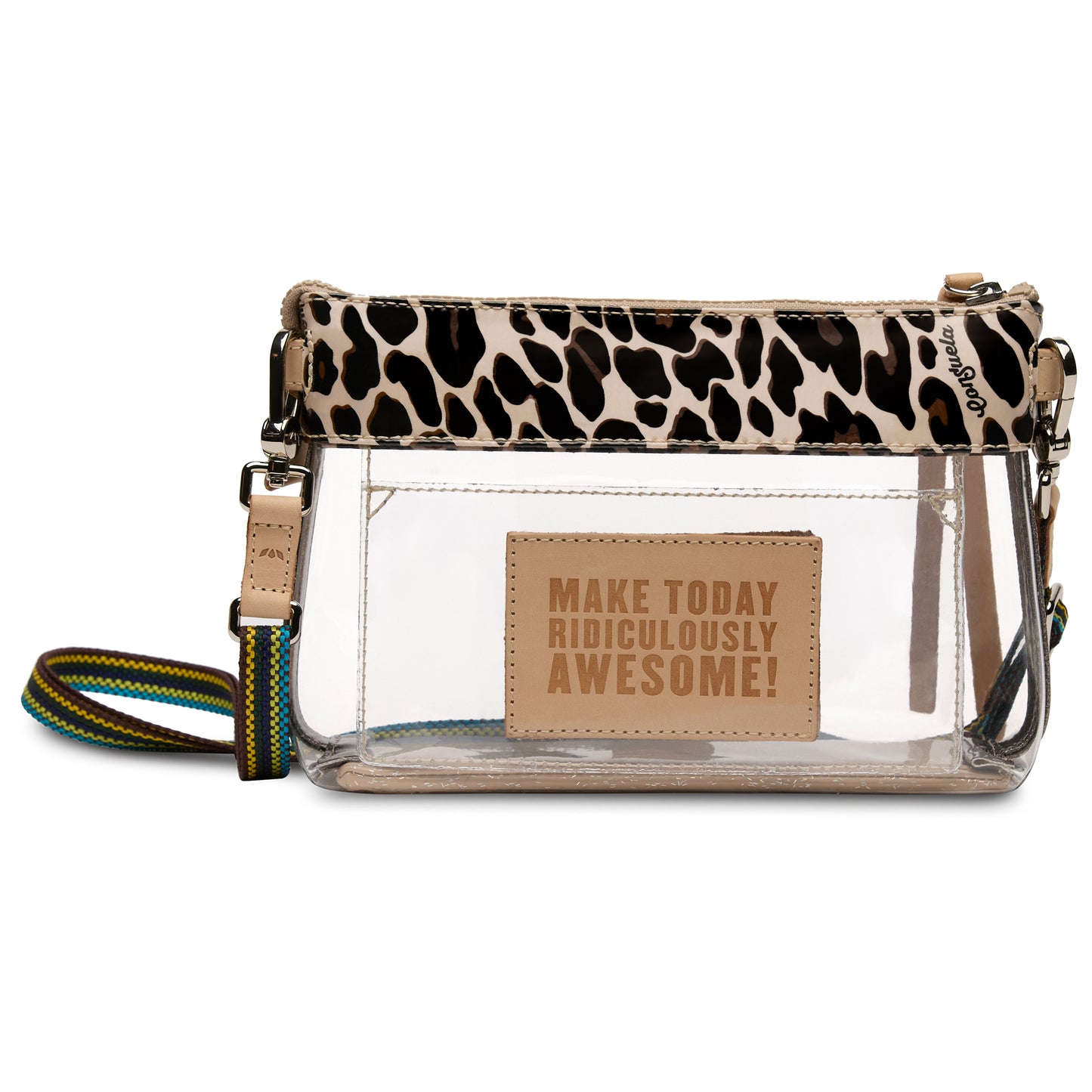 A clear plastic crossbody bag with a leopard print top flap, a tan faux-leather patch that reads 'MAKE TODAY RIDICULOUSLY AWESOME!', and a multicolor woven strap on a white background.