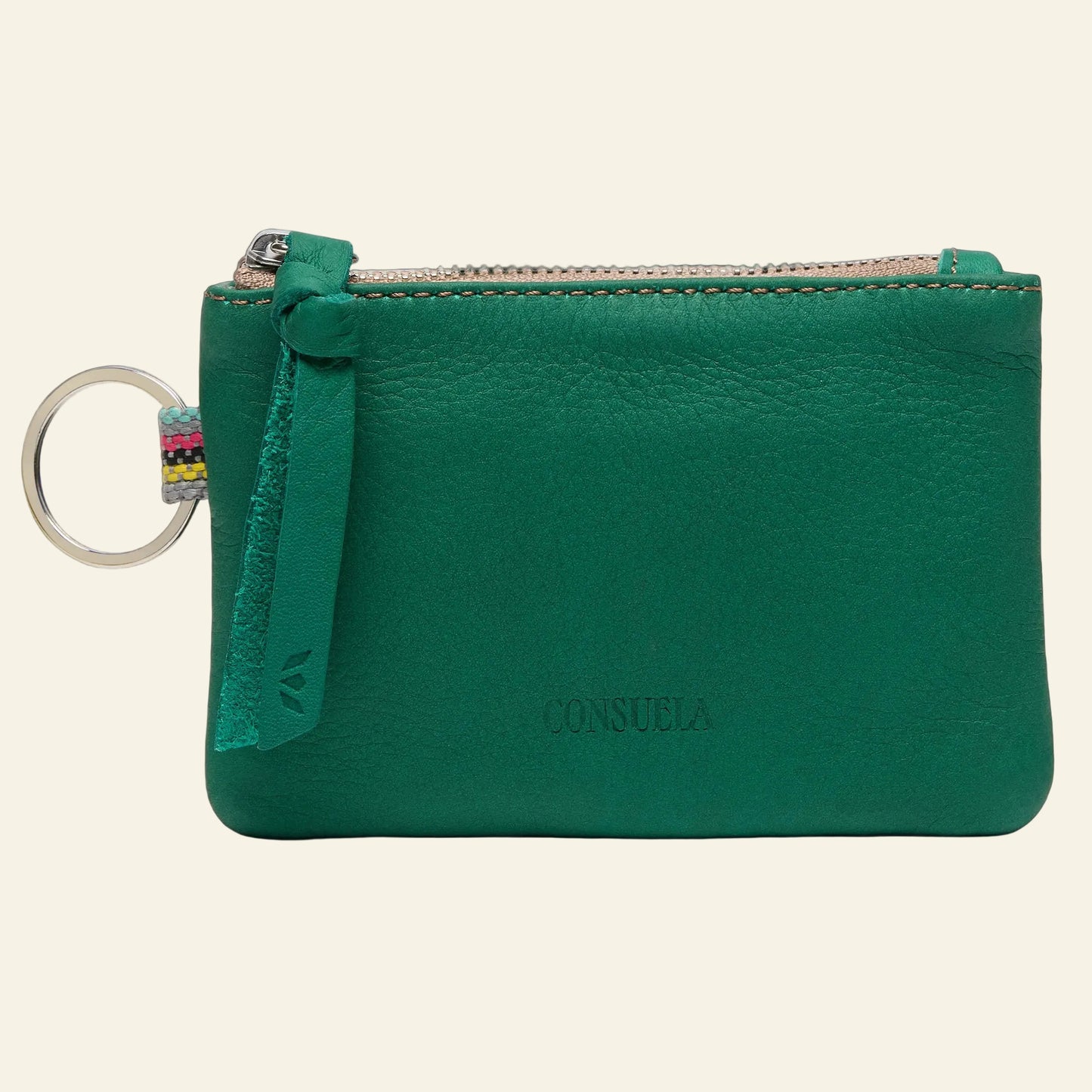 Green leather wallet with keychain on a black background