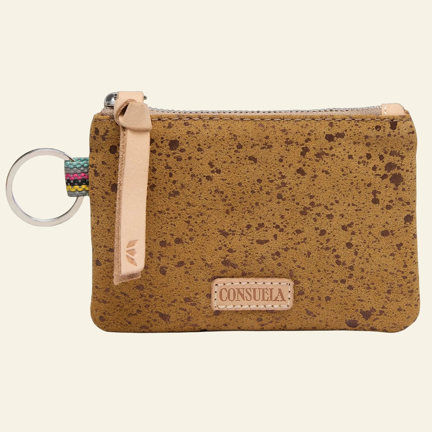 Brown speckled wallet with keychain and 'Consuela' branding on a white background