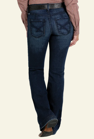 A pair of women's high-waisted, wide leg denim jeans with button-up front and back pockets.