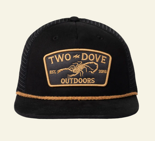 A black and gold 5-panel cap with 'Two Dove Outdoors' logo and a scorpion design on the front.
