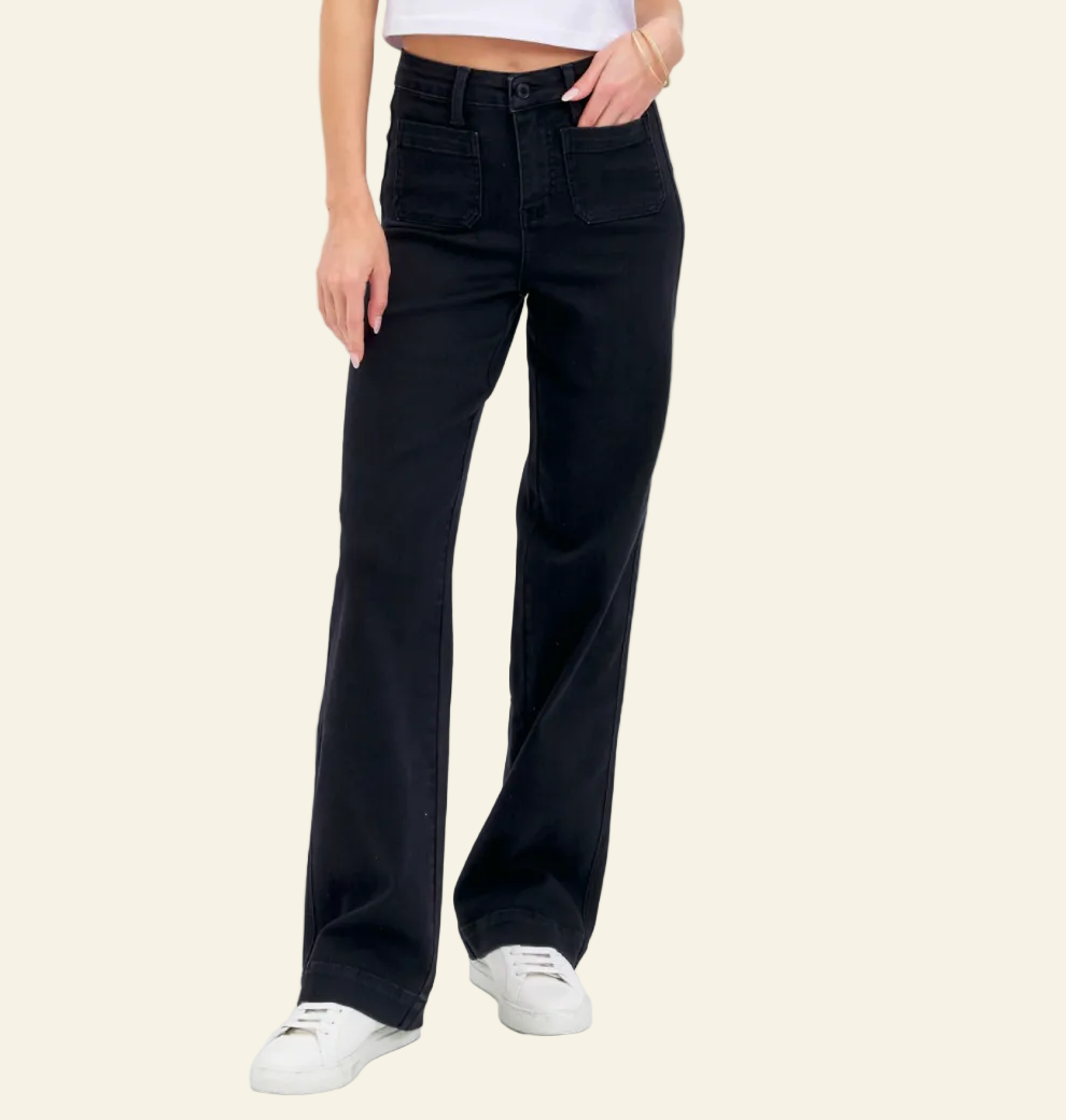 Patch Pocket High Waist Wide Leg Jean | Black Denim