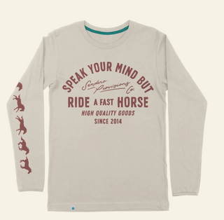 A long sleeve beige t-shirt with text and horse graphics on the front and sleeves.