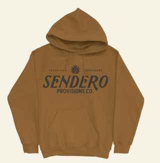A brown men's hoodie with 'SENDERO PROVISIONS CO.' logo in black text on the front.