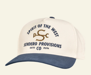 A beige and blue baseball cap with 'Spirit of the West' and 'Sendero Provisions Co.' printed on the front.