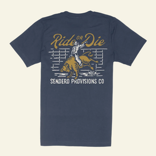 Navy t-shirt with 'Ride or Die' text and a graphic of a person on a horse, along with the logo 'Sendero Provisions Co'.