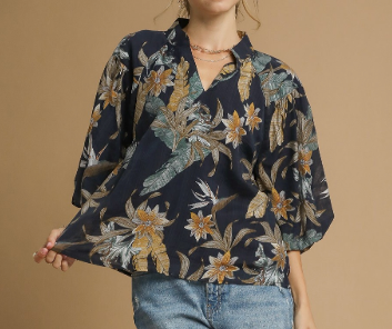 Flower Print 3/4 Sleeve Top | Navy