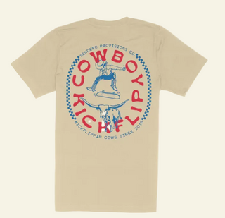 Beige t-shirt with a graphic design on the back featuring text and an illustration of a cowboy and skull.