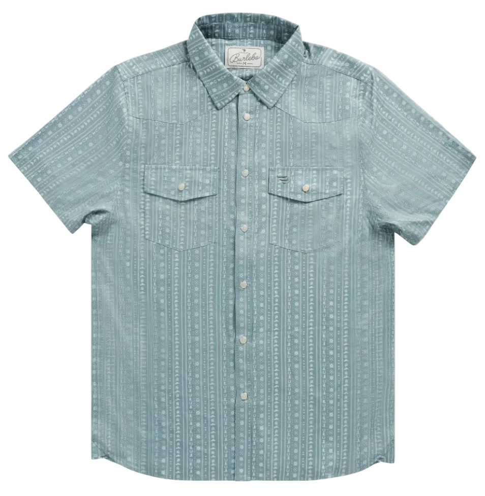 Short-sleeve button-up shirt with a subtle pattern on a white background