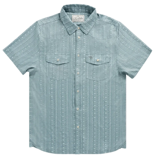 Short-sleeve button-up shirt with a subtle pattern on a white background