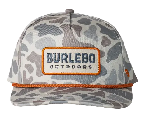 Camouflage-patterned cap with 'Burlebo Outdoors' logo on a white background