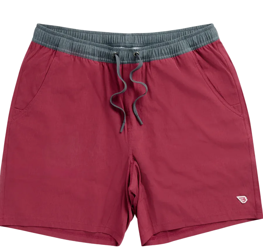 Maroon shorts with gray waistband and drawstring 