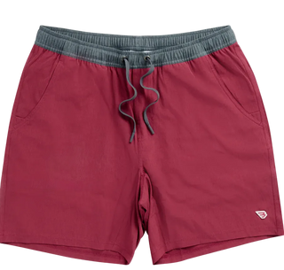 Maroon shorts with gray waistband and drawstring 