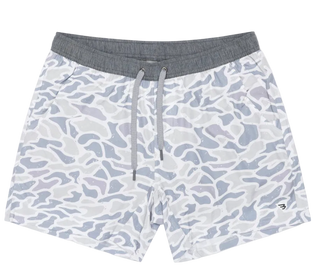 White camouflage shorts with a gray waistband on a white background