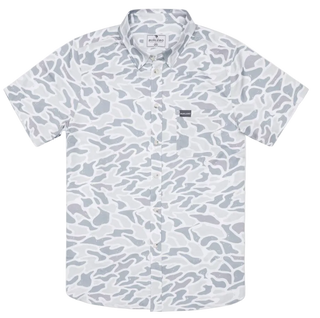 Short-sleeve shirt with a subtle camo pattern on a white background