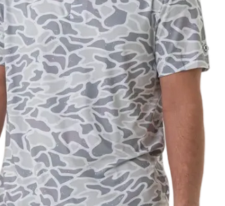 Person wearing a camouflage-patterned shirt on a white background