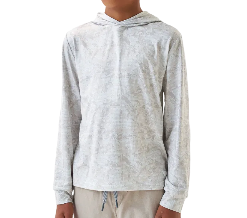 Young boy wearing a light gray hoodie on a white background