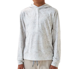 Young boy wearing a light gray hoodie on a white background