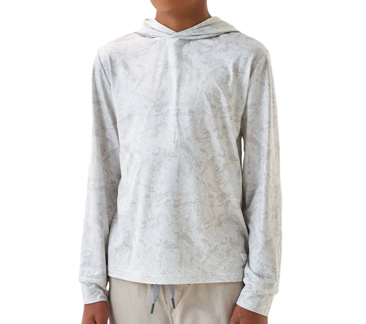 Young boy wearing a light gray hoodie on a white background