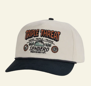 Beige and navy cap with 'Triple Threat Sendero Provisions Co.' branding on a white background