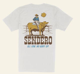 White t-shirt with a graphic of a cowboy on a bull and 'Sendero' branding.