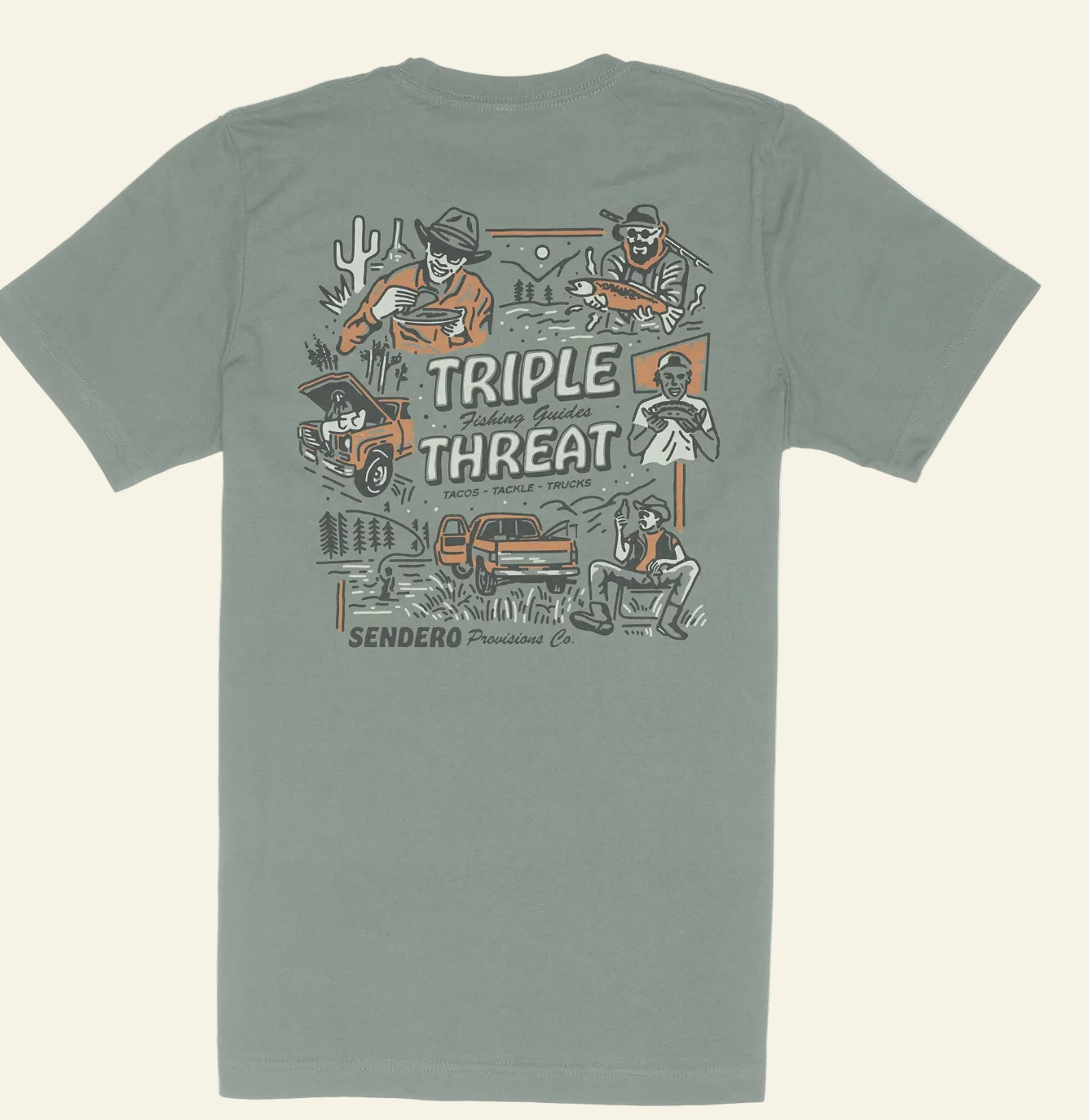 Green/Gray t-shirt with graphic design on the back featuring text and illustrations.