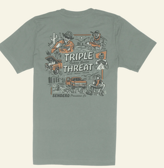 Green/Gray t-shirt with graphic design on the back featuring text and illustrations.