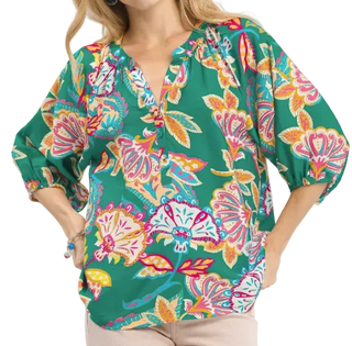 Paisley Perfection 3/4 Sleeve Top | Emerald Mix