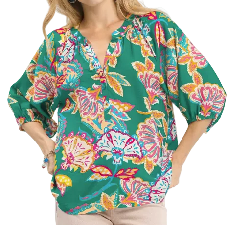 Paisley Perfection 3/4 Sleeve Top | Emerald Mix