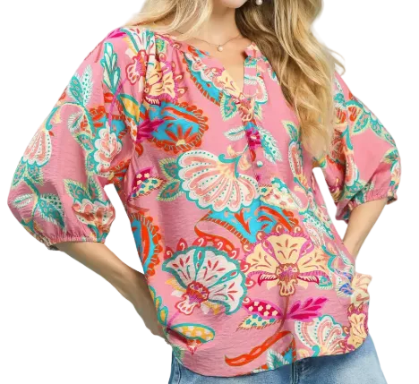 Paisley Perfection 3/4 Sleeve Top | Pink Mix