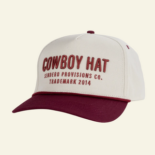 White and maroon cap with 'Cowboy Hat' text on a white background