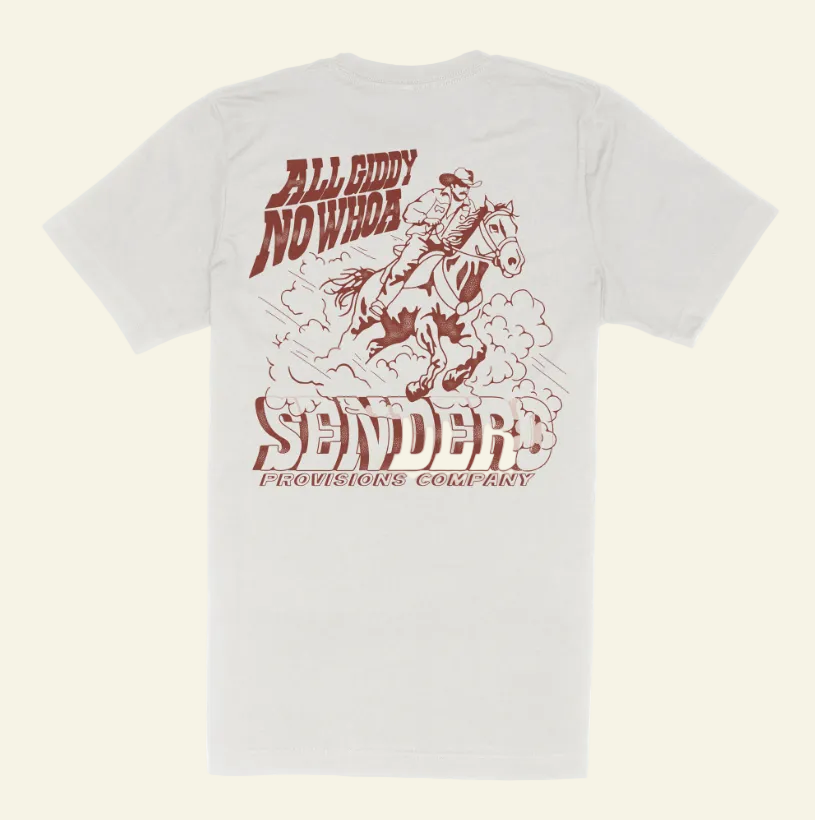 White t-shirt with red graphic and text on a white background