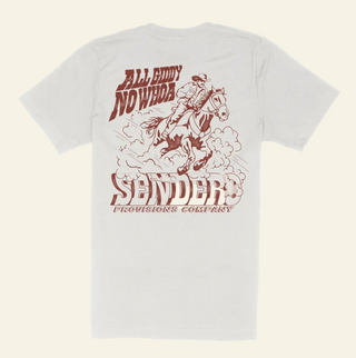 White t-shirt with red graphic and text on a white background