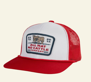 Red and white cap with a logo and text on a white background