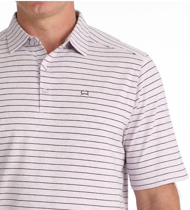Man wearing a striped polo shirt on a white background