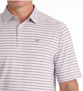 Man wearing a striped polo shirt on a white background