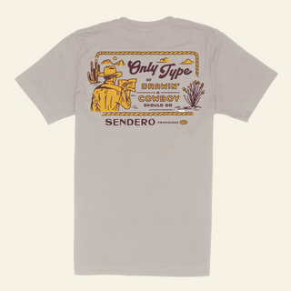 Gray t-shirt with a graphic of a cowboy and text on the back, on a white background