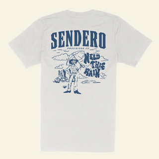 White t-shirt with blue graphic and 'Sendero' branding on a white background