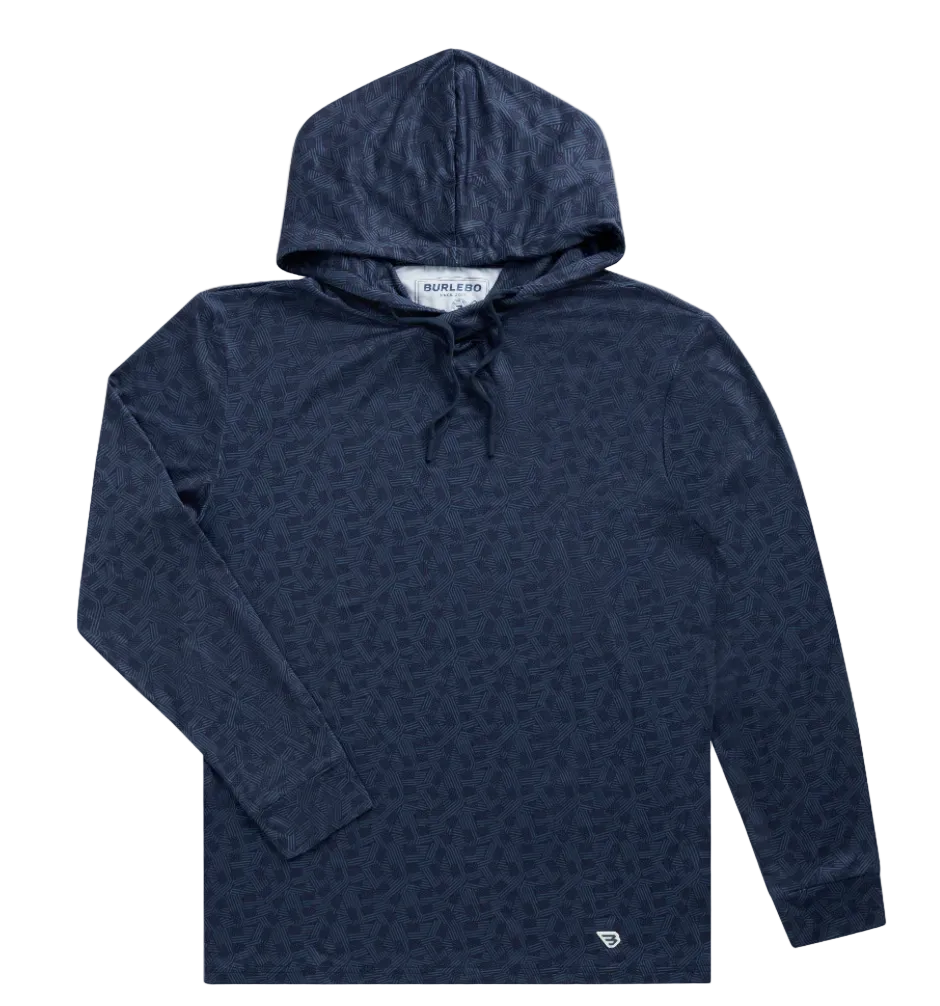 Navy blue hoodie with geometric pattern on a white background