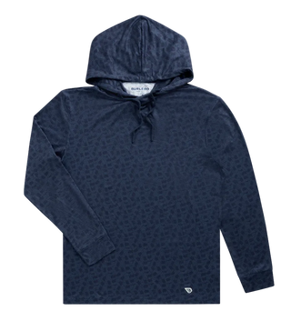 Navy blue hoodie with geometric pattern on a white background