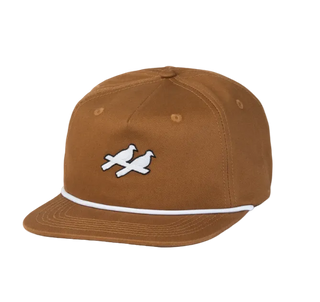 Brown cap with white logo on a white background