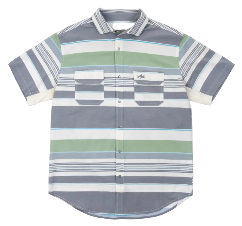 Striped shirt with a brand logo on a white background