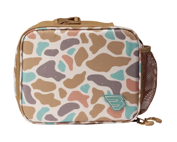 A rectangular soft-sided bag with a tan, brown, and teal camouflage pattern on a white background. It features a top zipper, a brown mesh side pocket, and a small teal logo patch on the front.