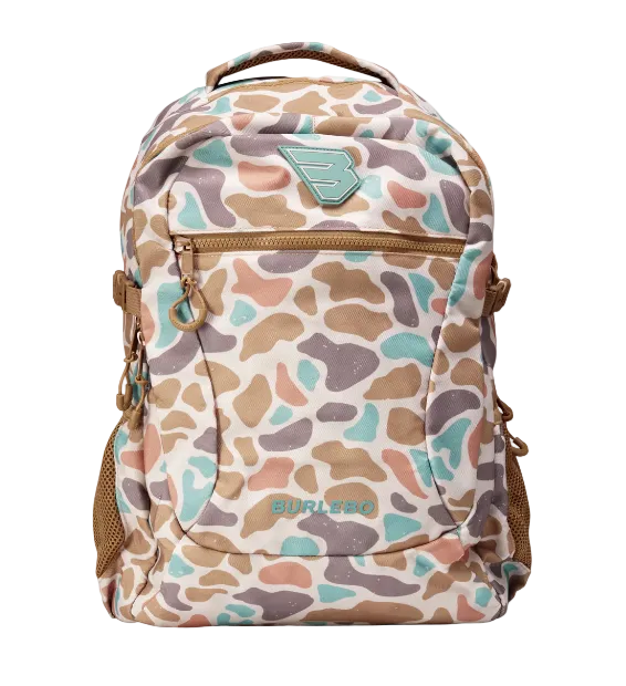A Burlebo backpack featuring a multi-colored organic spot pattern in beige, brown, gray, and light blue, with tan straps and a small light blue brand patch on the front.
