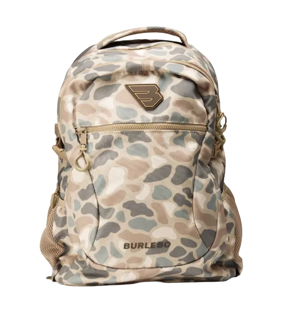 A BURLEBO backpack featuring a beige, gray, and brown camouflage pattern, with a gold-toned metal logo patch on the front pocket.