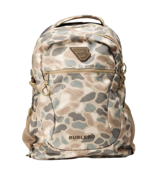 A BURLEBO backpack featuring a beige, gray, and brown camouflage pattern, with a gold-toned metal logo patch on the front pocket.