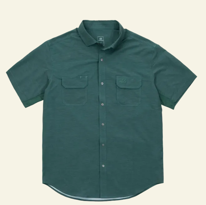 Green short-sleeve shirt with two pockets on a white background