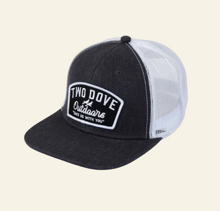 Black and white cap with 'Two Dove Outdoors' logo on a white background