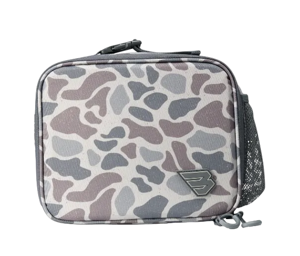 A rectangular soft-sided pouch with an abstract organic camouflage pattern in gray, taupe, and muted brown on a white background. It features a top zipper, a side mesh pocket, and a small metallic shield logo on the front.